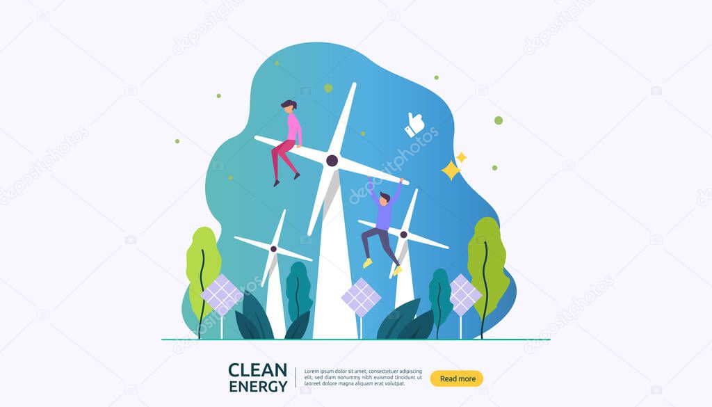 green clean energy sources. renewable electric sun solar panel and wind turbines. environmental concept with people character. web landing page template, banner, presentation, social, and print media