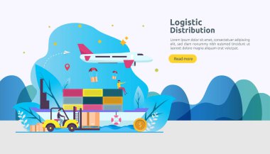 global lojistik dağıtım hizmeti illüstrasyon konsepti. Web iniş sayfası, sunum, sosyal, poster veya yazdırma medyası için insan karakterli dünya çapında ithalat taşımacılığı afişi