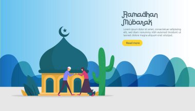 Web İniş Sayfası şablonu, afiş, sunum, sosyal medya için insanlarla ramazan mübarek selamlama kavramı. İslami bayram fitr veya adha düz tasarım vektör çizimi.