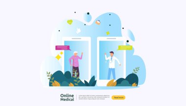 İnternette sabit tıbbi danışmanlık ya da sağlık hizmeti. İnsan karakterli doktor destek konseptini ara. Web iniş sayfası, afiş, sunum, sosyal, poster, reklam, promosyon veya yazdırma ortamı için şablon.