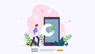 İşlem sistemi güncelleme süreci kavramı. veri eşzamanlama süreci ve kurulum programı. İllüstrasyon web iniş sayfası şablonu, afiş, sunum, UI, poster, reklam, promosyon veya yazdırma medyası.