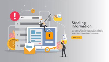 İnsanların karakteriyle internet güvenliği kavramı. Şifreleme saldırısı. kişisel bilgileri çalmak web sitesi iniş sayfası, afiş, sunum, sosyal, yazdırma medya şablonu. Vektör illüstrasyonu.