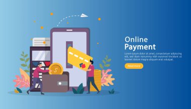 E-ticaret pazarı alışverişi, küçük insanların oynadığı çevrimiçi illüstrasyon. Mobil ödeme ya da para transferi konsepti. Web iniş sayfası, afiş, sunum, sosyal medya, yazdırma ortamı şablonu.