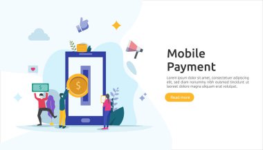 E- ticaret piyasası alışverişi için cep telefonu ödemesi ya da para transferi konsepti küçük insanların oynadığı çevrimiçi illüstrasyon. Web iniş sayfası, afiş, sunum, sosyal medya, yazdırma ortamı şablonu