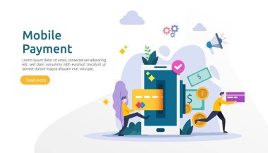 E- ticaret piyasası alışverişi için cep telefonu ödemesi ya da para transferi konsepti küçük insanların oynadığı çevrimiçi illüstrasyon. Web iniş sayfası, afiş, sunum, sosyal medya, yazdırma ortamı şablonu