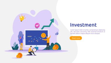 İş yatırımı konsepti. Dolar yığını, insan karakteri, para objesi. Grafik çizelgesi artıyor. Finansal büyüme başarıya yükseliyor. düz tasarım iniş sayfası şablonu çizimi