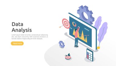 Piyasa araştırması ve dijital pazarlama stratejisi için dijital veri analizi kavramı. Web sitesi analitiği ya da insan karakterli veri bilimi. Web iniş sayfası, afiş, sunum şablonu