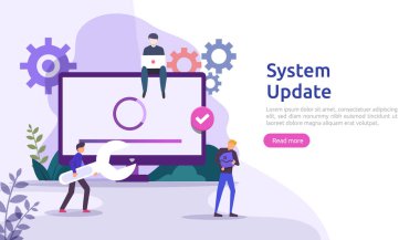 İşlem sistemi güncelleme süreci kavramı. veri eşzamanlama süreci ve kurulum programı. İllüstrasyon web iniş sayfası şablonu, afiş, sunum, UI, poster, reklam, promosyon veya yazdırma medyası.
