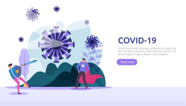İnsanlar covid-19 Corona virüs illüstrasyon konseptiyle savaşıyor. Coronavirus 2019 nCoV aşısı için araştırma konsepti. Web iniş sayfası şablonu, afiş, sunum, sosyal, poster, ad veya yazdırma medyası