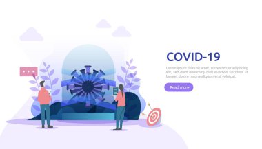 İnsanlar covid-19 Corona virüs illüstrasyon konseptiyle savaşıyor. Coronavirus 2019 nCoV aşısı için araştırma konsepti. Web iniş sayfası şablonu, afiş, sunum, sosyal, poster, ad veya yazdırma medyası