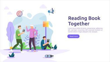 Kitap okuma alışkanlığı. Karantina sırasında evde vakit geçirmek. Web iniş sayfası, afiş, sunum, sosyal, festival posteri, reklam, tanıtım veya yazdırma için vektör illüstrasyon şablonu