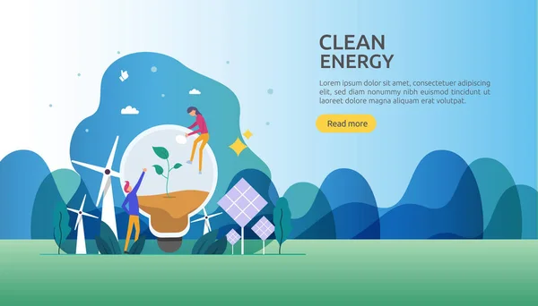 绿色清洁能源 可再生能源太阳能电池板和风力涡轮机 具有人性特征的环境概念 网页登陆页面模板 社交和印刷媒体 — 图库矢量图片