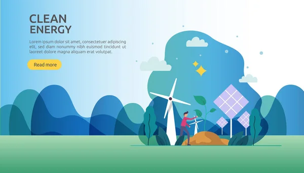 Zöld Tiszta Energiaforrások Megújuló Elektromos Napelem Szélturbinák Környezeti Koncepció Emberek — Stock Vector