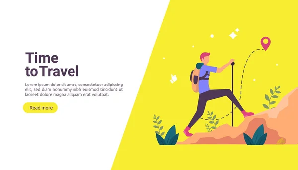 backpacker travel adventure concept. outdoor vacation recreation in nature theme of hiking, climbing and trekking with people character. template for landing page, banner, poster, ad or print media.