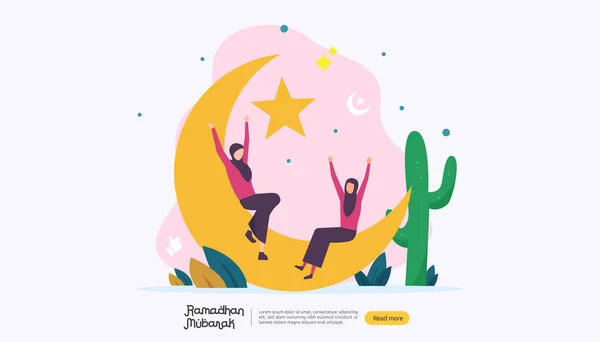 Happy Ramadan Mubarak Greeting Concept People Character Web Landing Page — стоковый вектор