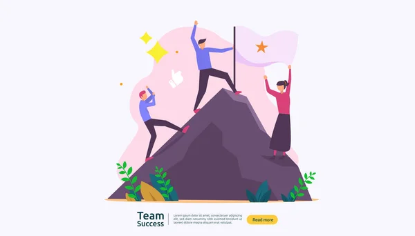 Týmový Úspěch Vítěznou Vlajkou Vrcholu Hory Teamwork Koncept Lidmi Znak — Stockový vektor