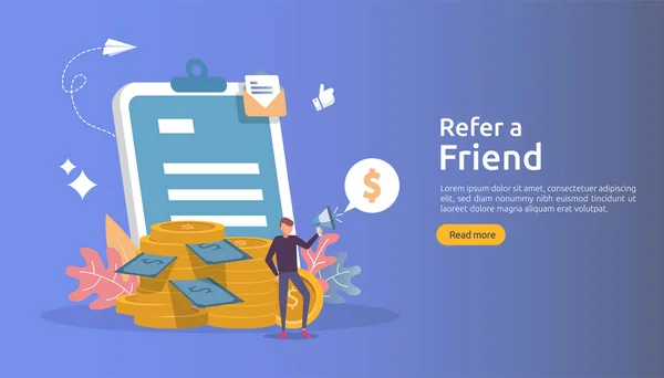 アフィリエイトマーケティングのコンセプト 友人戦略を参照してください 人々はメガホンの紹介ビジネスパートナーシップを叫びお金を稼ぐ ウェブランディングページバナーポスター印刷メディアのテンプレート — ストックベクタ