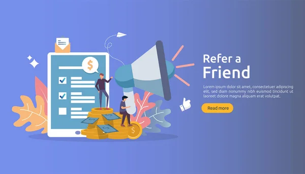 Affiliate Marknadsföring Koncept Hänvisa Vän Strategi Människor Karaktär Skrika Megafon — Stock vektor