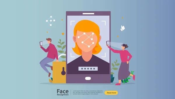 人脸识别数据安全设计 智能手机上的面部生物识别系统扫描 网页登陆模板 推广或印刷媒体 — 图库矢量图片