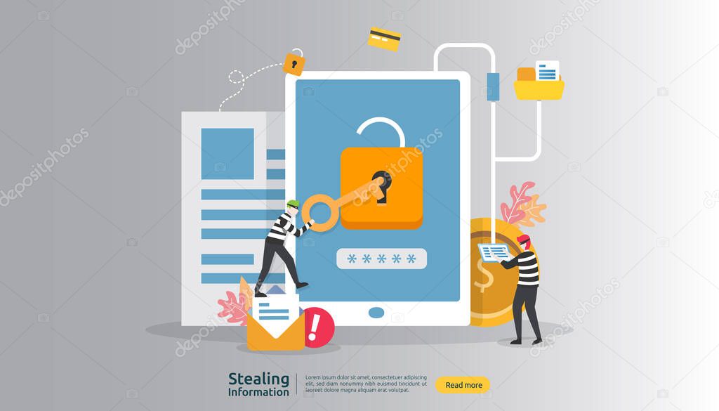 internet security concept with people character. password phishing attack. stealing personal information data web landing page, banner, presentation, social, print media template. Vector illustration.