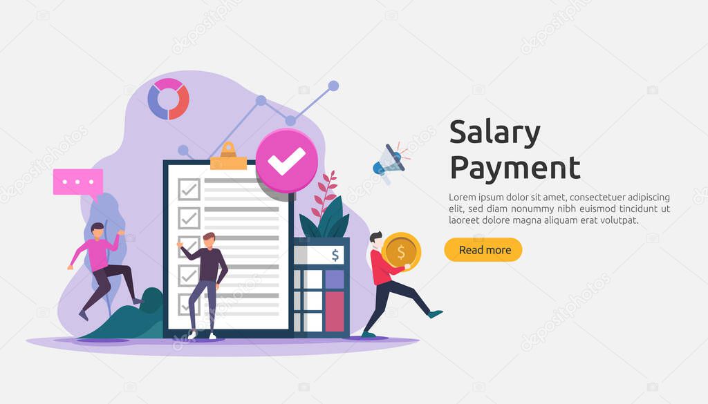 Payroll income concept. salary payment annual bonus. payout with paper, calculator, and people character. web landing page template, banner, presentation, social, and print media. Vector illustration