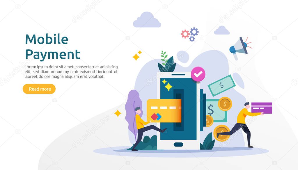 mobile payment or money transfer concept for E-commerce market shopping online illustration with tiny people character. template for web landing page, banner, presentation, social media, print media
