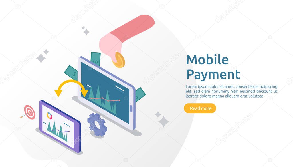mobile payment or money transfer concept for E-commerce market shopping online illustration with tiny people character. template for web landing page, banner, presentation, social media, print media