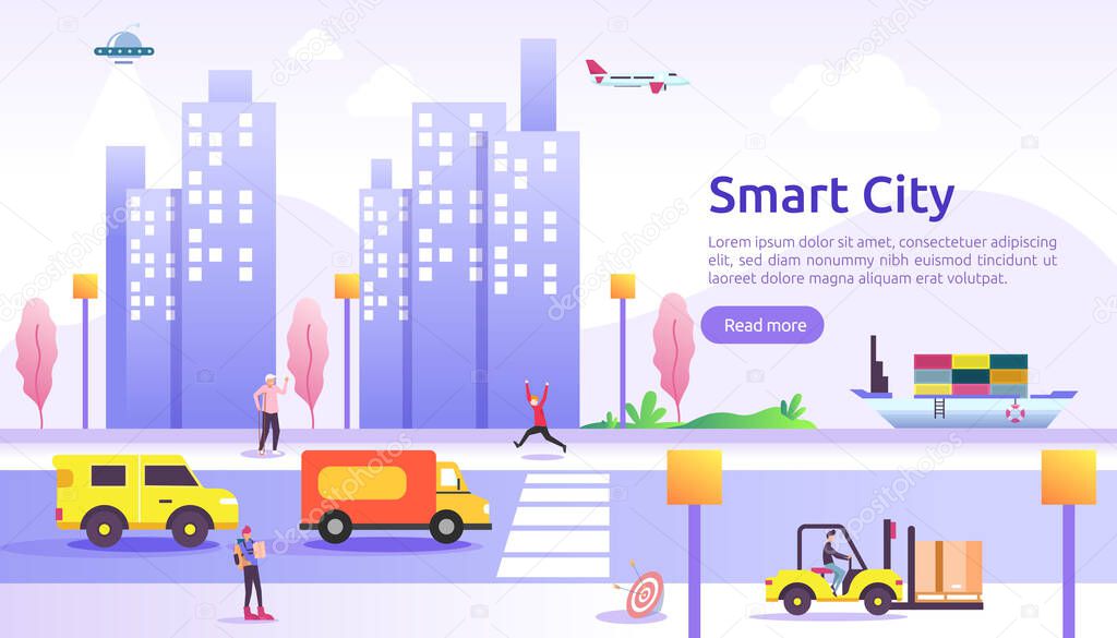 Smart city services concept with internet of things networks and augmented reality. Urban landscape with buildings, skyscrapers, transport traffic. flat style vector illustration for web landing page