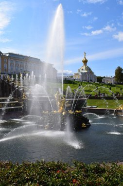Peterhof 'un güzel manzarası. Sonbahar sezonu. Şehrin cazibesi St. Petersburg 'da.