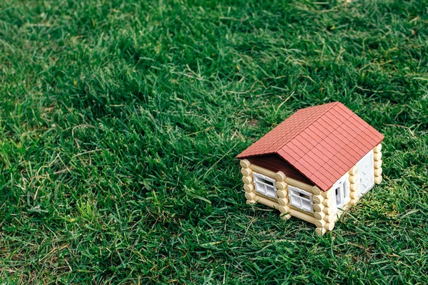 Dom drewniany z dziennika z trawy — Zdjęcie stockowe