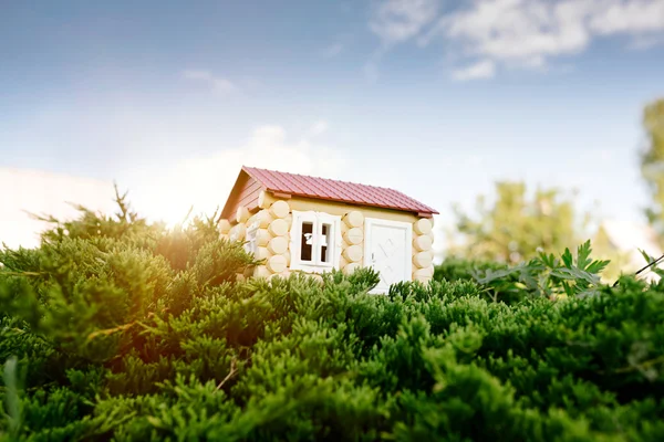 A casa de madeira de um log contra uma grama — Fotografia de Stock