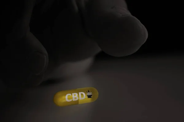 Cbd Capsule Met Schrift Hennepblad Pil Hand Zwart Wit Reiken — Stockfoto