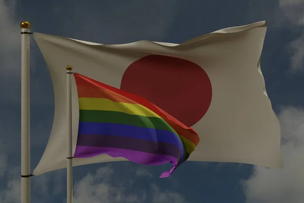 Лгбт Прапор Прапор Японії Стовпі Розмахують Вітром Разом Представляють Права — стокове фото