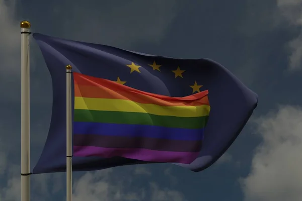 Lgbt Flag European Union Flag Pole Waving Wind Together Representing — Stock Photo, Image