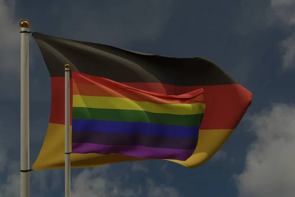 Лгбт Прапор Німецький Прапор Полюсі Розмахують Вітром Разом Представляють Права — стокове фото