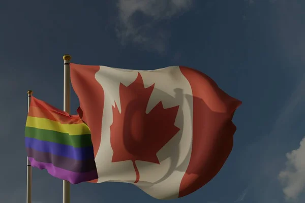 Kanada bayrağı ve resmi LGBT gökkuşağı bayrağı rüzgarda sallanıyor. 3 Boyutlu Hazırlama.
