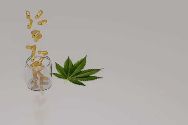 Golden Cbd Kapsułki Wpadające Szklanego Słoika Jednym Zielonym Liściem Konopi — Zdjęcie stockowe