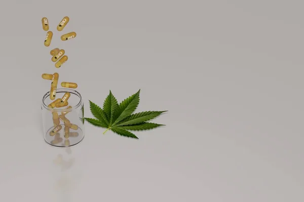 Golden Cbd Capsules 단지에 떨어지고 옆에는 하나의 있습니다 렌더링 — 스톡 사진