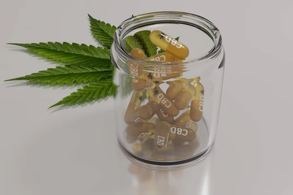Glazen Pot Met Cbd Cannabis Olie Capsules Hennepblad Achtergrond Weergave — Stockfoto