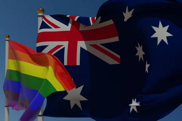 Lgbt Flag Australian Flag Pole Waving Wind Together Representing Rights — Stock Photo, Image