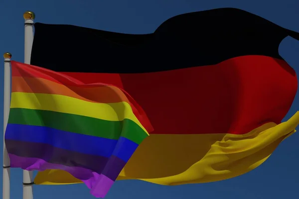 Drapeau Lgbt Drapeau Allemand Sur Poteau Agitant Dans Vent Ensemble — Photo