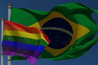 LGBT bayrağı ve Brezilya bayrağı rüzgârda sallanarak hak ve gururu temsil ediyor. 3B görüntüleme. 