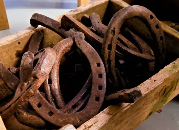 Pilha Sapatos Cavalo Velho Enferrujado Abandonado Uma Caixa Madeira — Fotografia de Stock