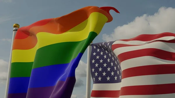 Gururlu gökkuşağı bayrağı ve Amerikan yıldızları ve çizgileri rüzgarda sallanırken arka planda bulutlar ve gökyüzü vardı. 3B görüntüleme.