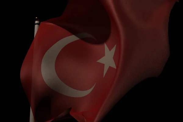 Флаг Турции Шелковистым Видом Машущим Ветру Флагштока Черным Фоном Угрюмым — стоковое фото