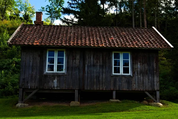 Verlassenes Altes Blockhaus Mit Lehmdachziegeln Und Verwitterten Baumstämmen — Stockfoto