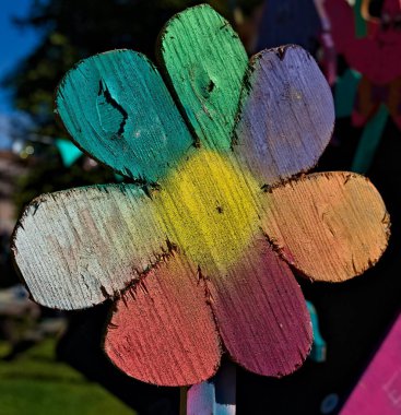 Lgbt hareketini desteklemek için gökkuşağı renkleriyle boyanmış tahta çiçek.