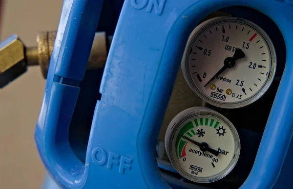 Welding gas bottle gauge showing pressure and contents of gas used.