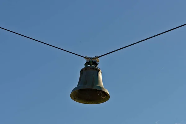 Large Church Bell Bronze Beautiful Green Patina Suspended Wires Mid — Stock Photo, Image
