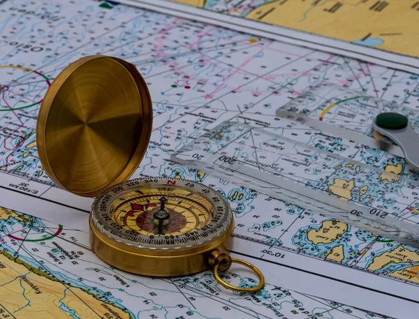 Vintage Golden Compass Navigational Ruler Nautical Maps High Quality Photo — Stok fotoğraf